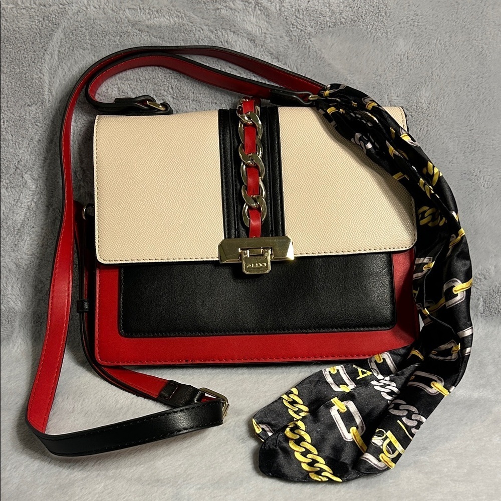 Aldo Red, Black, and Cream Top Handle Purse With Crossbody Strap and Scarf